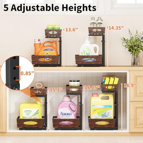 2-Tier Under Sink Organizer with Wooden Drawer Handle, 2 Pack Adjustable Height Pull Out Cabinet Organizer Shelf,Slide out Storage Drawer Rack for Kitchen Bathroom Laundry Room Pantry