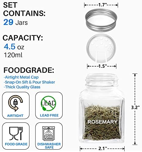 Glass Spice Jars with 372 Labels, 29 Pcs 4.5 oz Seasoning Containers