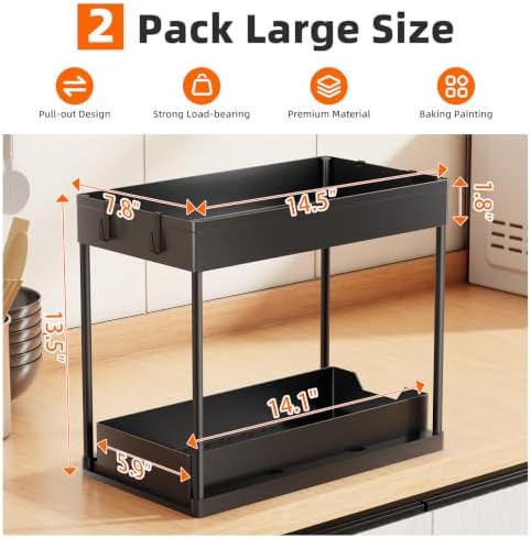Under Sink Organizer 2 Pack, Sink Pull-Out Sliding Storage Cabinet, 2-Tier Under Shelf Organizer for Kitchen Bathroom, Black