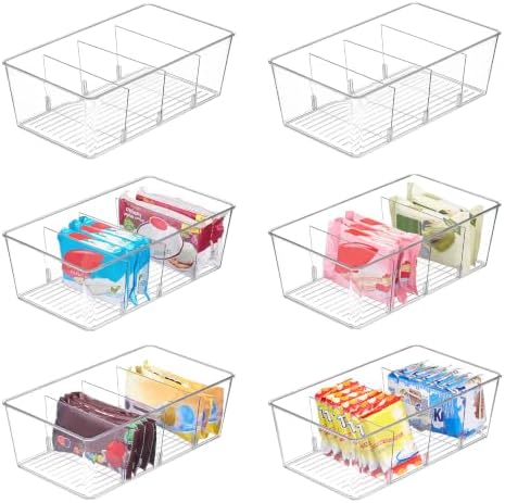 6 Pack Food Storage Organizer Bins, Clear Plastic, 4 Compartments
