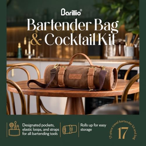 Bartender Kit Bag with Cocktail Shaker Set - Waxed Canvas, Traveling Bar Tools Bag with 17-Pc Cocktail Kit - Travel Mixology Bartending Kits - Mobile Bar Roll with Strap & Accessories