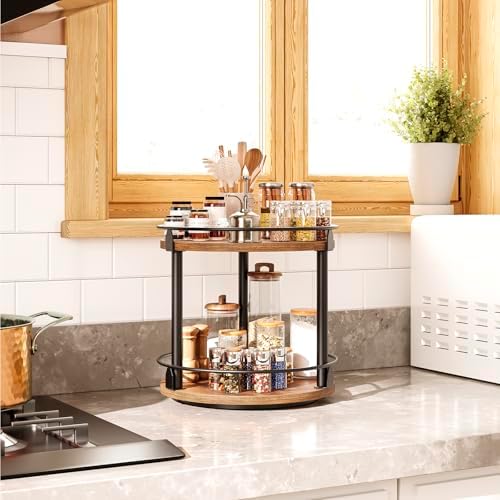Lazy Susan Organizer, Rotating Spice Rack, 2 Tier Spice Turntable Organizer, Industrial Turntable Spice Holder, for Kitchen Countertop and Cabinet, Compact and Versatile, Rustic Brown SR22BR