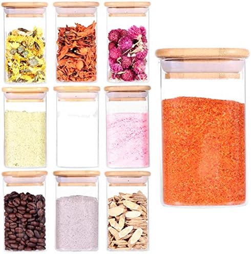 10 Pcs Glass Spice Jars - 8oz Empty Square Spice Storage Containers With Bamboo Airtight Lid and Labels - Thicken Small Glass canister for Kitchen Seasoning,Coffee Bean,Tea,Suger,Herbs