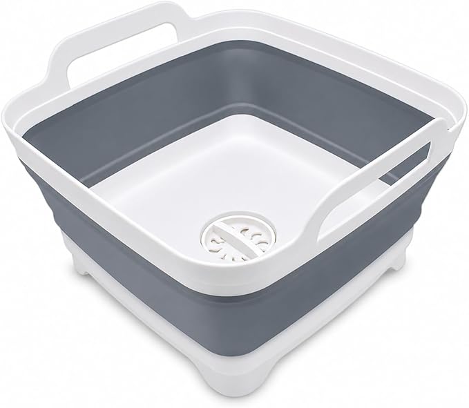 2.4 Gal(9L) Collapsible Dish Basin with Drain Plug, Space Saving Outdoor Multiuse Foldable Sink Tub, Dishpan, Kitchen Storage Tray for Camping, Vegetable Washing, RV (Gray)