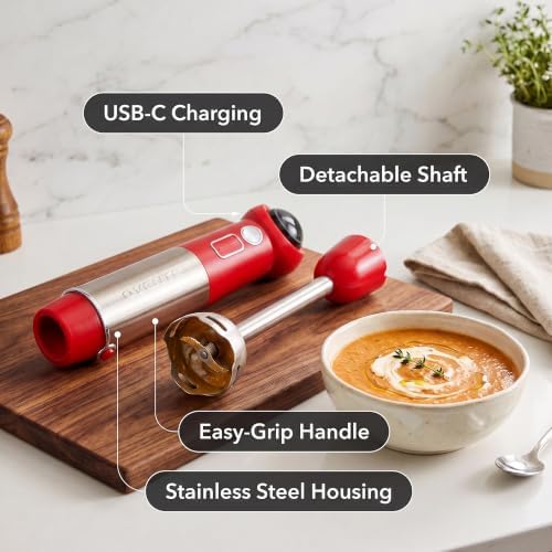 OVENTE Cordless Immersion Hand Blender, 300W Rechargeable Red HR995R - Image 3