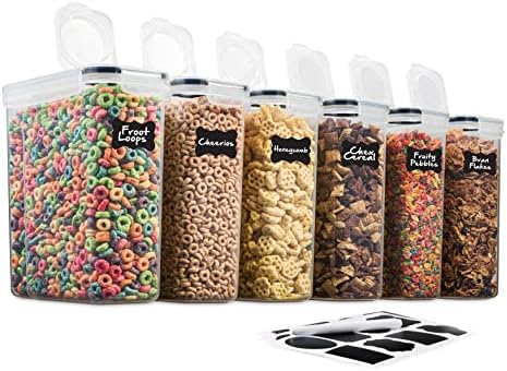 6 Pack Airtight Cereal Food Storage Container - BPA Free Plastic Kitchen and Pantry Organization Canisters for, Dry Pet Food, Flour, Sugar, Rice, Nuts, Snacks & More (135.5 Oz) Labels & Chalk Marker