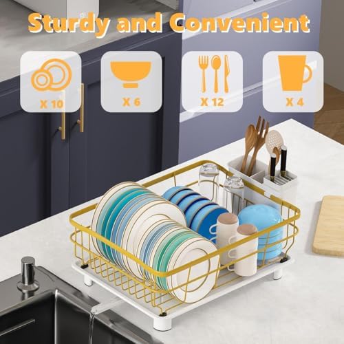 Metal Dish Drying Rack Automatic Drainage, Gold, Large
