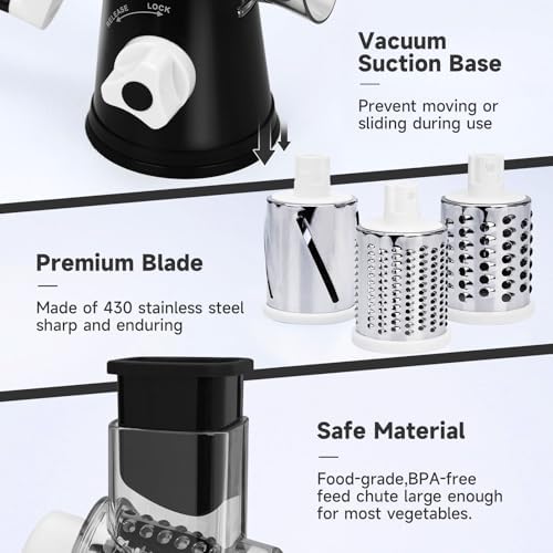 Cheese Grater Hand Crank Rotary, 3 Blades with Strong Suction Base
