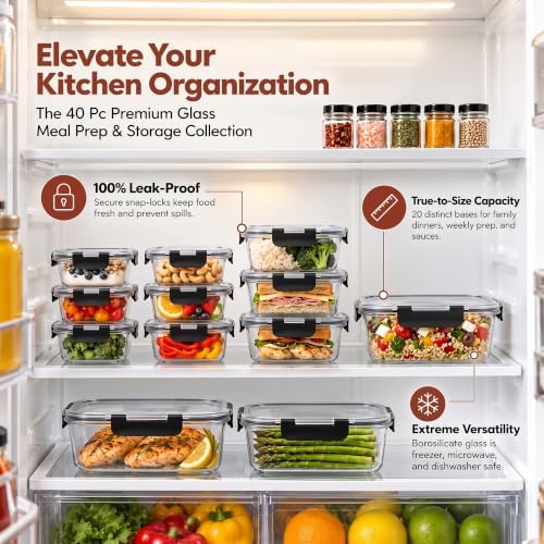 40 PC Borosilicate Glass Food Storage Containers with Airtight Lids