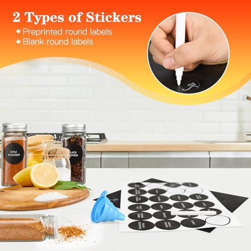 24pcs Glass Spice Jars, 4oz Empty Spice Jars with Metal Caps, Labels, Shaker Lids, Collapsible Funnel, Chalk Pen, Seasoning Organizer for Spice Rack
