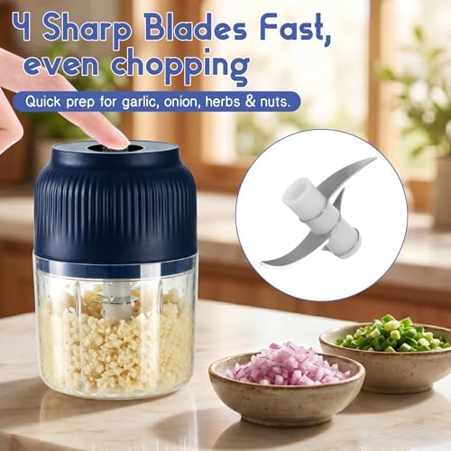 Electric Garlic Chopper, 2026 New Mini Food Processor & Food Chopper for Kitchen, Portable Cordless Garlic Mincer with 4 Stainless Steel Blades, Small Vegetable Chopper for Onion Salad (300ML Blue) - Image 4