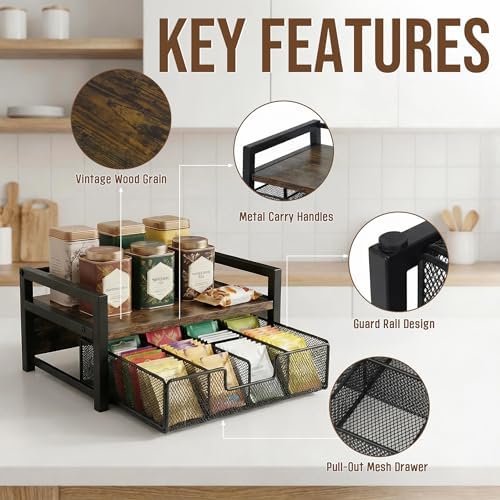 Tea Bag Organizer for Countertop with 8-Slot Drawer