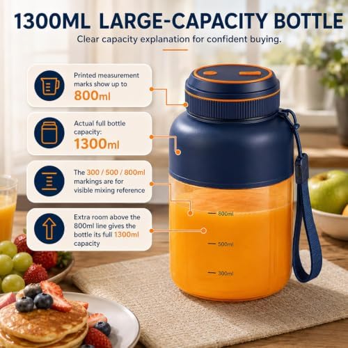 1300ML Wireless Juicer Cup, 180w Portable Wireless Juicer With 38 Blades, Usb Rechargeable Cordless Blender For Fruits Vegetables, On-The-Go Fresh Juice Cup (Blue) - Image 4