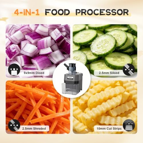 4-in-1 Electric Vegetable Chopper Commercial Food Processor, Heavy Duty Veggie Dicer Slicer Shredder Crinkle Cut with Dual Feed Chutes, 100W Motor Stainless Steel Blades for Potato Onion Carrot - Image 3