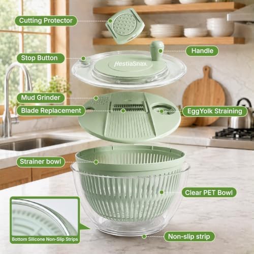 Salad Spinner 4.25qt, One‑touch Stop Button & Non‑slip Base, Vegetable Dryer Bowl with 5‑blade Slicer & Egg Yolk Strainer for Kitchen Party Use - Image 3