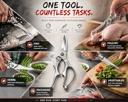 SEKI Heavy Duty Kitchen Scissors, 315g Take-Apart Poultry Shears with Safety Lock, Sharp Serrated Blades, All Purpose Food Scissors for Chicken, Meat, Fish, Turkey, Herbs & Vegetables