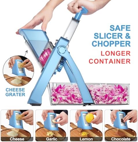 SupMaKin Upgrade Safe Mandoline Slicer,Multi Vegetable Chopper,Potato Slicer, Onion Chopper with Drain Basket Storage Container, Cheese Grater Kitchen Chopping Artifact (BlueGray) - Image 3
