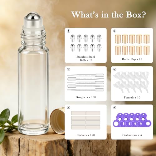 PrettyCare Set of 120, Bulk 10 ml Essential Oil Roller Bottles with Stainless Steel Roller Ball - Refillable Leak-proof Empty Thick Clear Glass Roll on Bottles with Golden Caps for Travel, Perfume - Image 2