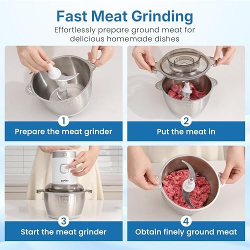 Electric Food Processor, 4 in 1 Food Grinder for Grinding Meat/Cofffee/Fruit/Vegetables, 350W Food Chooper with 1.8L Stainless Steel Container & 2 Cups, 2 Speed for Home Kitchen, White - Image 6