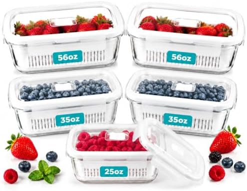 Glass Berry Containers for Fridge, 5 Pack, 2x56oz 2x35oz 1x25oz, with Removable Colanders and Vent Valve Lids, Glass Fruit Storage Containers for Refrigerator, Fresh Produce Storage Set(white)