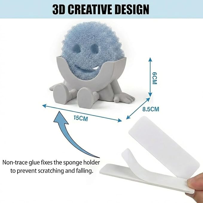 Creative Hanging Sponge Holder with Drainage/Traceless Glue, 3D Printing Countertop Funny Sponge Holders for Kitchen Sink, Keeps Your Sponge Dry & Smiling, for Scrub Daddy Holder (1, Grey)