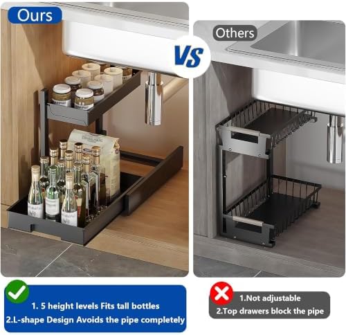 2 Pack Under Sink Organizer, L-Shaped 2 Tier Pull Out Cabinet Organizer