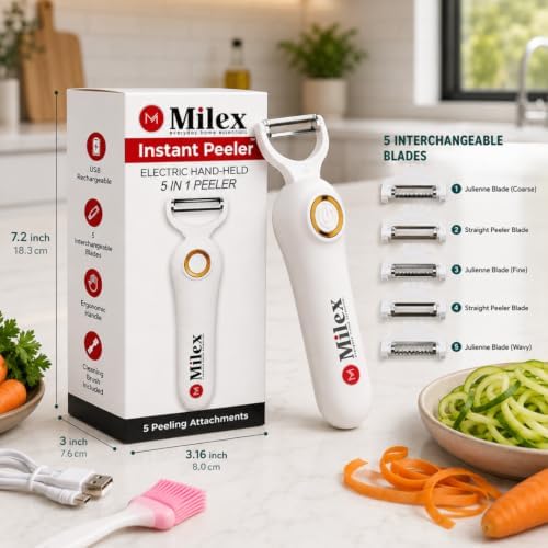 Milex 5-in-1 Electric Vegetable & Fruit Peeler with Pastry Brush, White