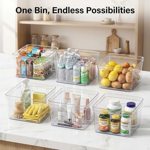 4-Pack 10x10x6 Clear Plastic Cube Storage Bins with Handles