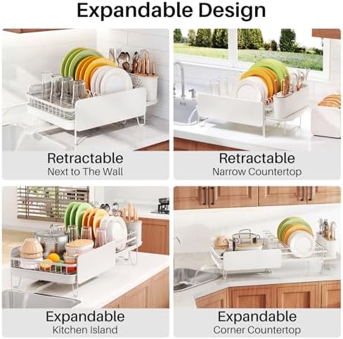 Large Dish Drying Rack for Kitchen Counter, Expandable, White