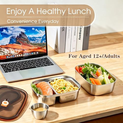 2 Pack Stainless Steel Bento Box with Dressing Cup, 42Oz+57Oz Leakproof Metal Lunch Box for Adult, Lightweight Salad Container for Lunch & Meal Prep, Suitable for Picnic, Work, Outside
