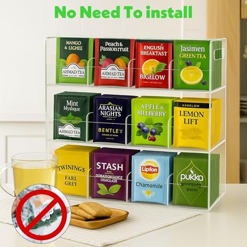 Acrylic Tea Bag Organizer for 216 Tea Packets, No Assembly Required, Display Holder for Countertop, Vertical Tea Bag Caddy for Cabinet, Tea bar Accessories, Teabags Storage Containers
