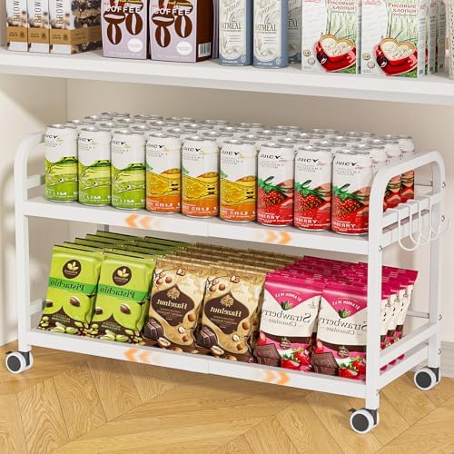 2-Tier Expandable Rolling Cart, Pantry Storage Cart with Wheels, Adjustable Rolling Pantry Floor Organizer
