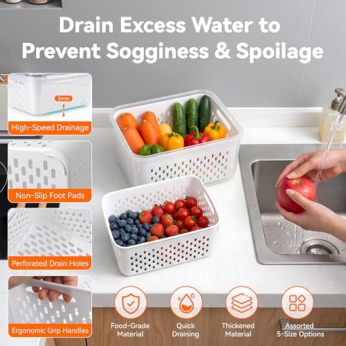 5 Pack Large Fruit Storage Containers for Fridge Set, Removable Colander