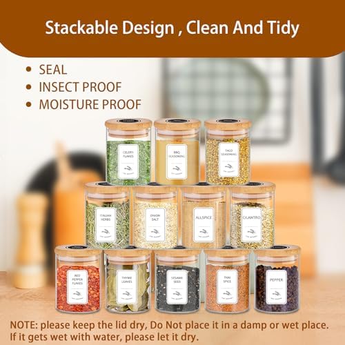 Spice Jars with Label, 7.5 oz 20pcs Spice Containers Glass Jars with Bamboo Lids, Seasoning Containers Bottles,Airtight Empty Spice Jars for Spice Rack, Drawer,Cabinet,Pantry