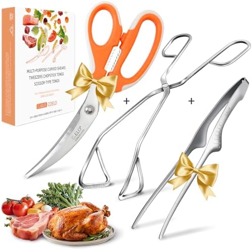 Korean BBQ Kitchen Shears and Tongs Set | Multi-Purpose Kitchen Scissors, Tweezers, Scissor-Tongs for Cooking Chicken Meat Salad Barbecue Herb | Stainless Steel Comfort Handle Dishwasher Safe