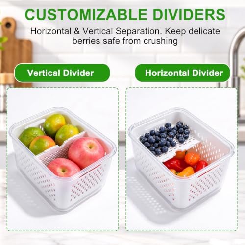 Thicker Produce Fruit Storage Containers for Fridge with Colander &Dividers