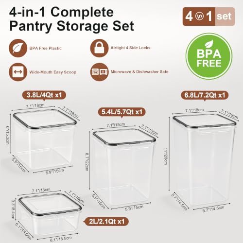 Airtight Flour Sugar Containers with Lids: 4 Pack for Pantry Food Storage
