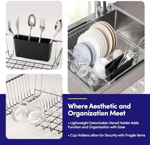 Dish Drying Rack Over The Sink Expandable to 24.5" Dish Drainer — Space-Saving Rectangular Kitchen Extending Drying Station with Utensil Holder, Fits Most Sinks for Easy Dish Organization, Black