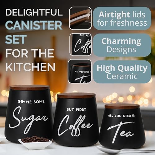 Modern Coffee Tea Sugar Container Set, 3pc Ceramic Storage Jar, Matte Black