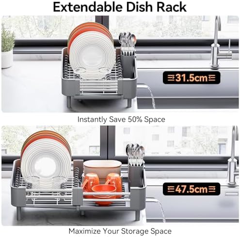 Extendable Stainless Dish Drying Rack for Kitchen Counter, Gray