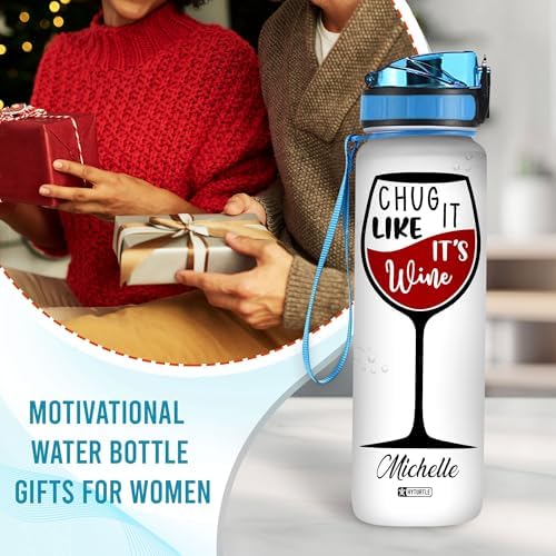 Personalized Chug It Like It's Wine Water Bottle - 32oz Motivational Water Bottle with Time Marker & Leak-Proof Lid - Custom Name Gift for Wine Lovers, Women, Men - Birthday & Christmas Gift