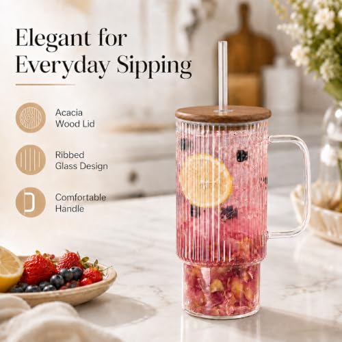 32oz Ribbed Glass Tumbler with Handle, Upgraded Acacia Wood Lid and Stainless Steel Straw, Clear Glass Cup for Iced Coffee, Matcha Latte, Smoothies, Tea, Hot & Cold Drinks