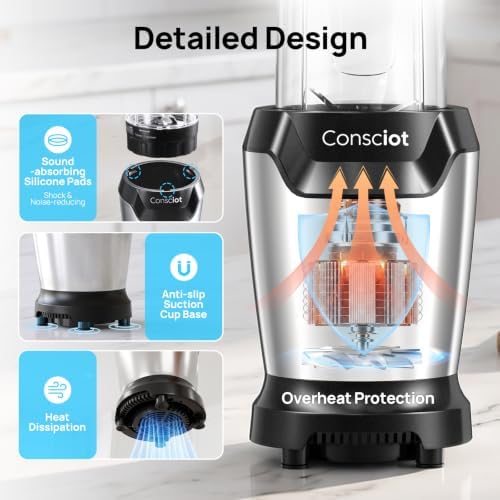 Consciot 11-Piece Countertop Blender Max 1300W, with 37oz, 32oz & 22oz Cups - Image 4