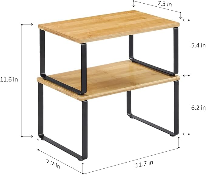 NEX Cabinet Organizer Shelf Set of 4, Stackable Kitchen Counter Shelves, Expandable Spice Rack Pantry Organizers, Bathroom Cupboard Storage Desk Riser, Bamboo and Metal, Black