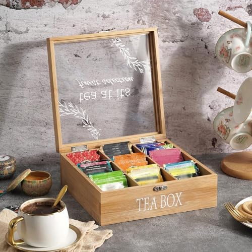 Bamboo Tea Box Organizer,Rustic Tea Storage with 9-Slot
