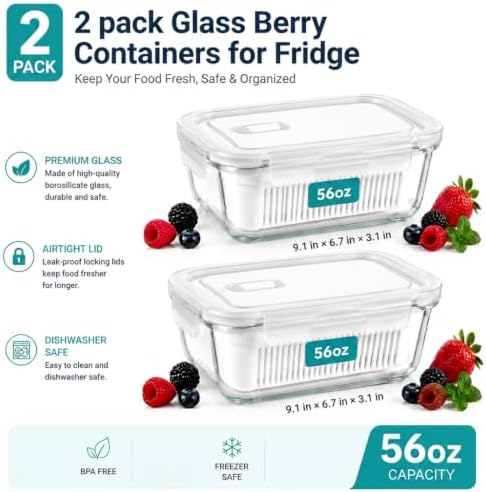 2 Pack 56oz Glass Berry Container for Fridge,with Removable Colander and Vent Valve, Fresh ProduceStorage Set（White）