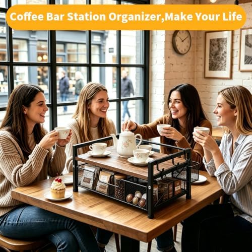 Tea Bag Coffee Bar Organizer,Teabag Holder & Coffee Station with Storage Drawer,Wood Tea Station Chest Display Container Box for Countertop Kitchen (Rustic Brown)