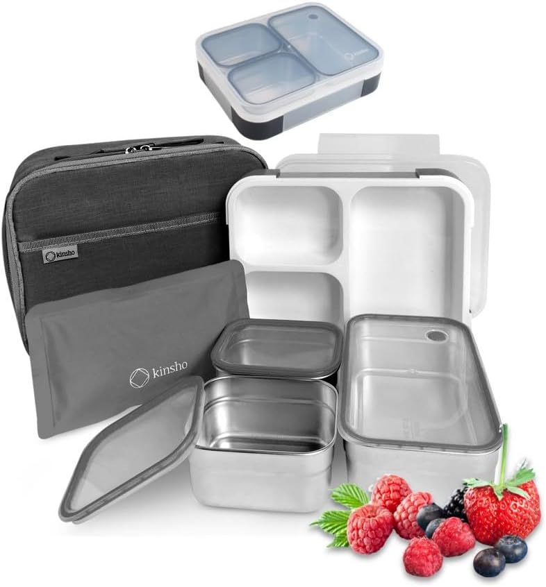 Stainless Steel Big Bento Lunch Box Set For Adults, Kids - Insulated Bag and Ice Pack - Large Leak-Proof Metal Compartment Meal Prep Food & Snack Containers for Work Travel School, 42 oz Grey Black