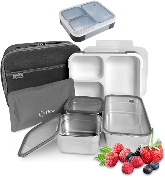 Stainless Steel Big Bento Lunch Box Set For Adults, Kids - Insulated Bag and Ice Pack - Large Leak-Proof Metal Compartment Meal Prep Food & Snack Containers for Work Travel School, 42 oz Grey Black
