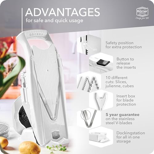 Börner Mandoline Slicer V5 (Professional Set) • Adjustable Vegetable Slicer (7-piece) • 10 Cutting Styles • Kitchen Slicer incl. Docking Station • Stainless Steel V-Blade • Color: White - Image 4